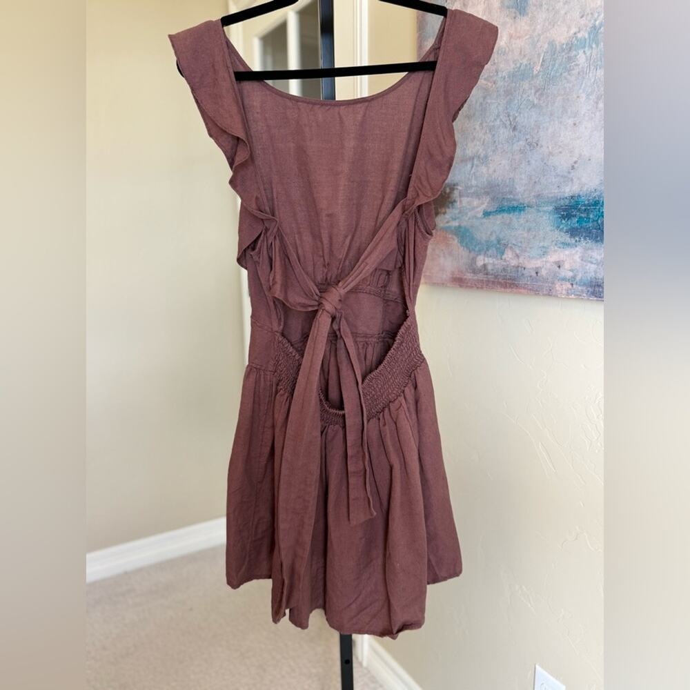 Free People Erin Tie Back Linen Mini Skater Dress Brown Women’s Size Small - Picture 4 of 8